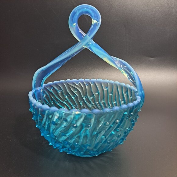 Jefferson Glass Blue Opalescent Uranium Glass May Basket Twisted Handle Vintage - Picture 10 of 14